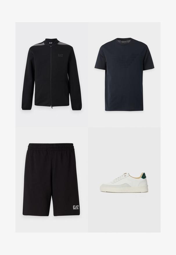 Must zip-up jope elastsete mansettidega, halli õlavarjundiga ja EA7 Emporio Armani logoga vasakul rinnal, valge tausta ees.; Mustast lühikeste varrukatega t-särk ümar-kaelusega, rinnal peene reljeefse kotkalogoga ja kaeluse sees kaubamärgi sildiga.; Mustad mustad lühikesed püksid, mis on valmistatud pehmest kangast, elastse vöökoha ja väikese valge logoga alumisel paremal küljel.; Valged tennisjalanõud, millel on sametised aktsendid, ümar varvas, lame nöörid ja kreemjas kummine põhja. Hästi nähtav roheline bränding kannal.