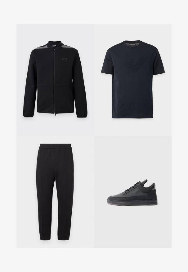 Sort jakke med lynlås, elastiske manchetter, grå skulderdetaljer og EA7 Emporio Armani-logo på venstre bryst, vist mod en hvid baggrund.; Sort T-shirt med korte ærmer og rund halsudskæring med et diskret præget ørnelogo på brystet og et mærke med brandnavn indeni kraven.; Sorte joggingbukser med elastisk taljebånd, konisk benindretning, frontplisseringer, sidelommer og elastiske manchetter ved anklerne.; Sorte læder sneakers med en struktureret overflade, snørebåndsdesign, lav top og en grå gummisål med en rillekant.