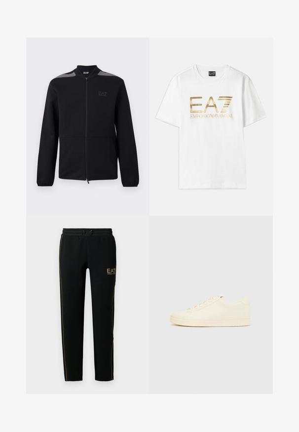 Čierna bunda na zips s elastickými manžetami, sivými akcentmi na ramenách a logom EA7 Emporio Armani na ľavej strane hrudníka, zobrazená na bielom pozadí.; Biela bavlnená tričko s veľkým zlatým metalickým logom "EA7" a textom "EMPORIO ARMANI" pod ním, s krátkymi rukávmi a okrúhlym výstrihom.; Čierne tepláky majú zúžený strih, elastický pás so šnúrkou a zlaté prízvuky pozdĺž strán a na logu.; Sneaker krémovej farby s hladkým koženým zvrškom, zaoblenou špičkou, šnurovačkou vpredu a textúrovanou gumovou podrážkou. Minimalistický dizajn, bez loga.