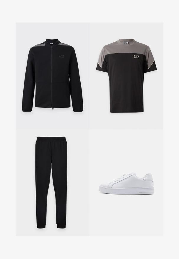 Chaqueta negra con cremallera, puños elásticos, detalles grises en los hombros y logo EA7 Emporio Armani en el pecho izquierdo, presentada sobre un fondo blanco.; Camiseta EA7 Emporio Armani de manga corta en negro y gris con logo en el pecho y ribete blanco en las mangas.; Pantalones negros de chándal con cintura elástica, piernas ajustadas y puños acanalados en los tobillos, hechos de tela suave sin patrones visibles.; Zapatilla de cuero blanca con una textura suave, puntera redonda, cierre de cordones en la parte delantera y suela de goma plana. Presenta un logo en relieve en el talón.