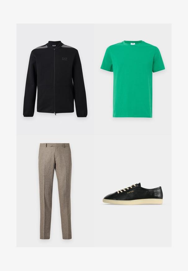 Zwarte jas met ritssluiting, elastische manchetten, grijze accenten op de schouders en het EA7 Emporio Armani-logo op de linkerborst, getoond tegen een witte achtergrond.; Groene katoenen t-shirt met korte mouwen, ronde halslijn en een gladde textuur. Eenvoudig ontwerp zonder patronen of versieringen.; Bruine wolblend broek met een rechte pijpdesign, voorzien van een subtiele textuur en kreuklijnen, afgewerkt met een klassieke tailleband.; Zwarte lage leren sneaker met crèmekleurige zool en veters, gouden "Paul Smith"-logo aan de zijkant en een reliëfsymbool nabij de hiel.