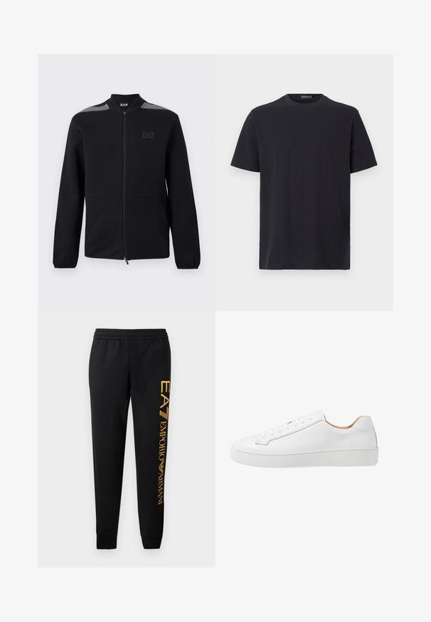 Zwarte jas met ritssluiting, elastische manchetten, grijze accenten op de schouders en het EA7 Emporio Armani-logo op de linkerborst, getoond tegen een witte achtergrond.; Zwart T-shirt met ronde hals en korte mouwen, voorzien van een gestructureerde stof en subtiel patroon, met een comfortabele pasvorm en een rechte snit.; Zwarte sweatpants met elastische tailleband en aangesloten boorden. Heeft een verticale gouden logoprint op het linkerpant. Gemaakt van zachte stof.; Witte leren sneaker met een gladde afwerking, ronde neus, platte vetersluiting en een dikke rubberen zool met een gestructureerd grippatroon.