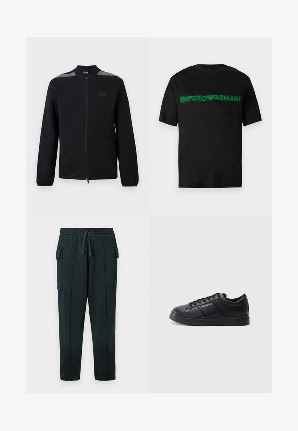 Schwarze Zip-up-Jacke mit elastischen Bündchen, grauen Schulterakzenten und EA7 Emporio Armani-Logo auf der linken Brust, vor weißem Hintergrund dargestellt.; Schwarzes T-Shirt mit kurzen Ärmeln und grünem, gesticktem „EMPORIO ARMANI“-Logo auf der Brust sowie rundem Ausschnitt.; Schwarze Jogginghose mit Tunnelzug am Bund, seitlichen Taschen, Detail einer Cargo-Tasche und sichtbaren Nähten. Weicher Stoff mit entspannter Passform.; Schwarze Leder-Sneaker mit glatter Oberfläche, abgerundeter Zehenpartie, Schnürung an der Vorderseite, gepolstertem Kragen und strukturierten Seitenelementen. Dezente Logodetails sichtbar.