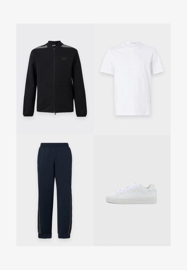 Schwarze Zip-up-Jacke mit elastischen Bündchen, grauen Schulterakzenten und EA7 Emporio Armani-Logo auf der linken Brust, vor weißem Hintergrund dargestellt.; Weißes Baumwoll-T-Shirt mit rundem Ausschnitt und kurzen Ärmeln. Glatte Textur, gerader Schnitt und minimalistisches Design ohne Muster oder Akzente.; Navy Sweatpants mit weichem Material, schmal zulaufenden Bündchen und Netzseiteneinsätzen. Elastischer Bund für Komfort und legere Passform.; Weiße Leder-Sneaker mit niedrigem Schnitt, runder Zehenpartie, flachen Schnürsenkeln, strukturierter Sohle und dezentem goldfarbenem Markenlogo an der Seite. Glatte Oberfläche und minimalistisches Design.