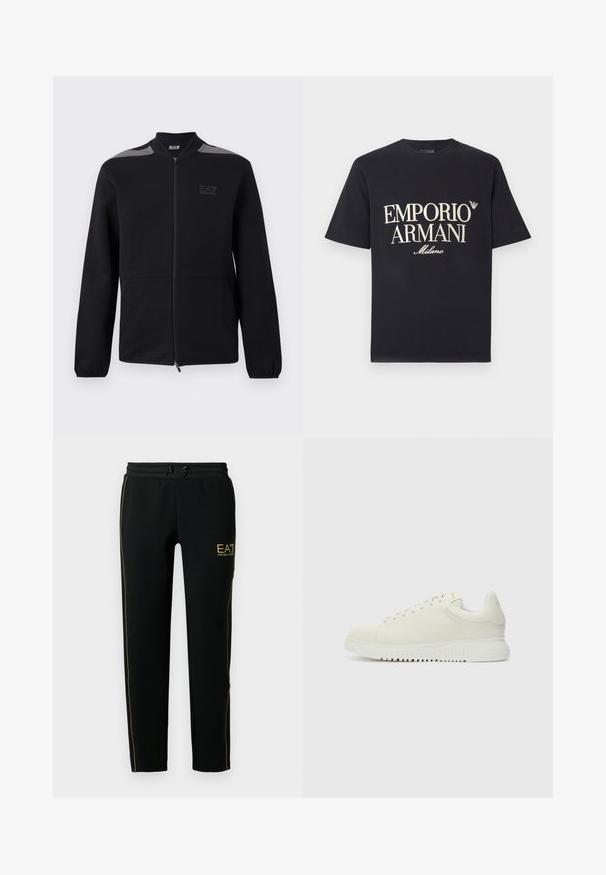 Zwarte jas met ritssluiting, elastische manchetten, grijze accenten op de schouders en het EA7 Emporio Armani-logo op de linkerborst, getoond tegen een witte achtergrond.; Zwart katoenen T-shirt met een grote, contrasterende crèmekleurige "EMPORIO ARMANI Milano" print op de voorkant en een klein logo op de borst.; Zwarte joggingsbroek met een taps toelopend ontwerp, elastische tailleband met trekkoord en gouden accentstrepen langs de zijkanten en het logo.; Witte leren sneaker met een textuur bovenkant, ronde neus, vlakke witte zool en tonale veters. Subtiele branding op de tong.