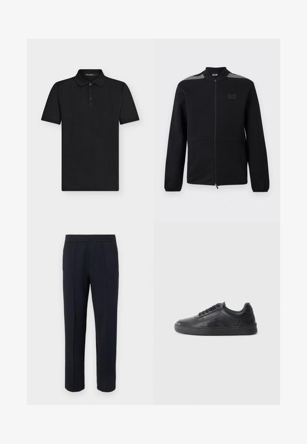 Veste noire zippée avec poignets élastiques, accents gris aux épaules et logo EA7 Emporio Armani sur le côté gauche de la poitrine, présentée sur un fond blanc.; Polo noir à manches courtes avec trois boutons et un subtil motif ton sur ton "KL", col et étiquette Karl Lagerfeld à l'intérieur du col.; Pantalon noir à jambe droite avec détail de couture avant, taille élastique et poches latérales sur un fond clair uni.; Chaussure de sport en cuir noir avec une finition lisse, bout arrondi, panneau latéral texturé et lacets noirs. Présente une semelle en caoutchouc plate et un design minimaliste.