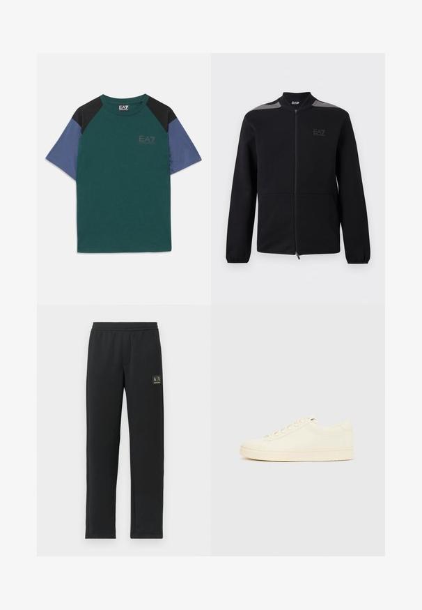 Sort jakke med lynlås, elastiske manchetter, grå skulderdetaljer og EA7 Emporio Armani-logo på venstre bryst, vist mod en hvid baggrund.; Kortærmet T-shirt med grøn krop, sorte skulderpaneler, blå ærmer og et lille EA7 Emporio Armani-logo på brystet.; Sorte sweatpants med lige ben, elastisk talje og sort logo-patch på venstre lår.; Sneaker i cremefarve med en glat læderoverdel, rundet tå, snørelukning foran og en tekstureret gummisål. Minimalistisk design uden logoer.