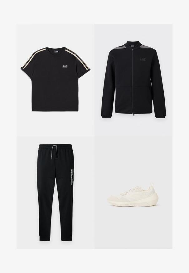 Chaqueta negra con cremallera, puños elásticos, detalles grises en los hombros y logo EA7 Emporio Armani en el pecho izquierdo, presentada sobre un fondo blanco.; Camiseta de algodón negra con mangas cortas. Presenta rayas en contraste beige en los hombros y un pequeño logotipo de la marca en el pecho.; Pantalones deportivos negros con cintura elástica, cordón ajustable y logo impreso en el lateral. Tejido suave con diseño cónico.; Emporio Armani Zapatillas - off white