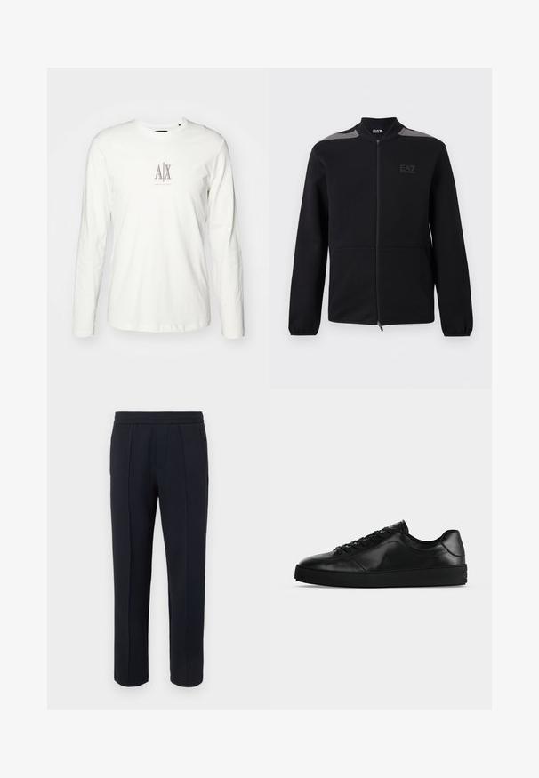 Čierna bunda na zips s elastickými manžetami, sivými akcentmi na ramenách a logom EA7 Emporio Armani na ľavej strane hrudníka, zobrazená na bielom pozadí.; Biela bavlnená tričko s dlhým rukávom, ktoré má v strede malé béžové logo s nápisom "AX". Hladká textúra a klasický okrúhly výstrih.; Čierne nohavice s rovnými nohavicami, predným švom, elastickým pásom a bočnými vreckami na jednoduchom svetlom pozadí.; Nízky čierny kožený teniska s predným šnurovaním a textúrovanou plochou podrážkou, zobrazená z boku na neutrálnej pozadí.