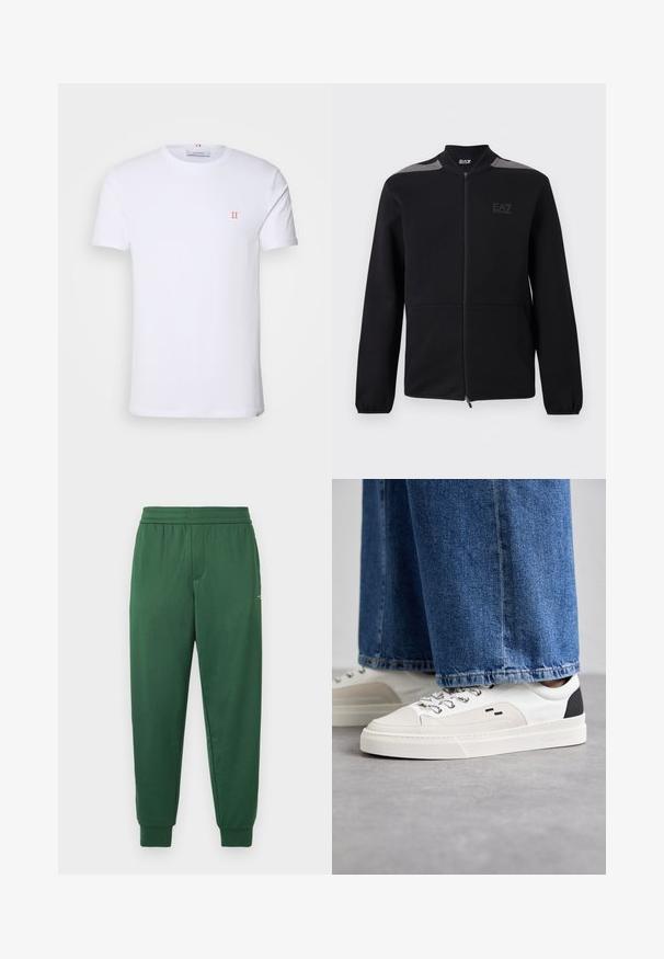 Zwarte jas met ritssluiting, elastische manchetten, grijze accenten op de schouders en het EA7 Emporio Armani-logo op de linkerborst, getoond tegen een witte achtergrond.; Witte katoenen t-shirt met korte mouwen, met een klein oranje "II" logo op de linkerborst en een ronde halslijn. Eenvoudig ontwerp en textuur.; Groene trainingsbroek met een comfortabele elastische tailleband, taps toelopende pijpen en ribbelmanchetten. Gemaakt van een gladde, rekbare stof.; Witte en zwarte sneakers met een glad leren bovenwerk, textuuraccenten en een chunky witte zool. Heeft een klassiek vetersluiting ontwerp.