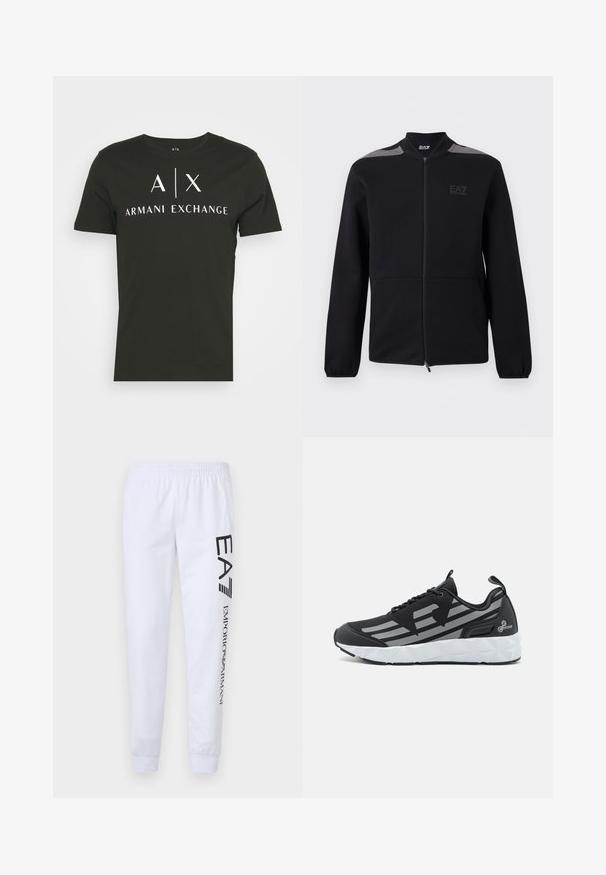 Musta vetoketjullinen takki, jossa on joustavat hihansuut, harmaat olkakoristeet ja EA7 Emporio Armani -logo vasemmassa rinnassa, esitetty valkoista taustaa vasten.; Musta t-paita pyöreällä kaula-aukolla, valkoisella "A|X ARMANI EXCHANGE" -logolla. Lyhyet hihat ja rennon mallinen.; Valkoiset collegehousut, jotka on valmistettu pehmeästä kankaasta. Vasemmassa lahkeessa on mustat painetut logot "EA7" ja "Emporio Armani". Housuissa on joustava vyötärö ja hihansuut.; Mustat urheilukengät, joissa on verkkopäällinen harmailla yksityiskohdilla, paksu valkoinen geometrinen pohja ja kantapäässä vetotahna helppoa pukemista varten.