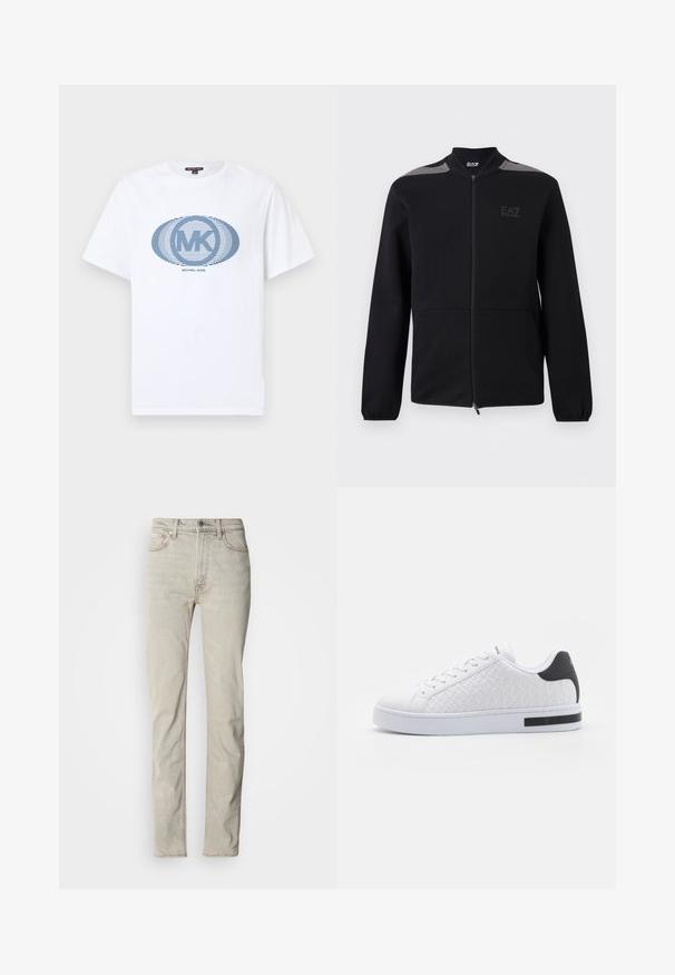 Veste noire zippée avec poignets élastiques, accents gris aux épaules et logo EA7 Emporio Armani sur le côté gauche de la poitrine, présentée sur un fond blanc.; T-shirt blanc à manches courtes avec logo ovale rayé bleu "MK" et texte "Michael Kors" centré sur le devant.; Jean en denim beige avec une coupe droite, style cinq poches et fermeture par bouton. Présente une texture subtile et des accents de couture minimalistes.; Baskets blanches avec une tige texturée présentant un motif géométrique, une pointe ronde, une semelle plate blanche et une accentuation noire au talon.