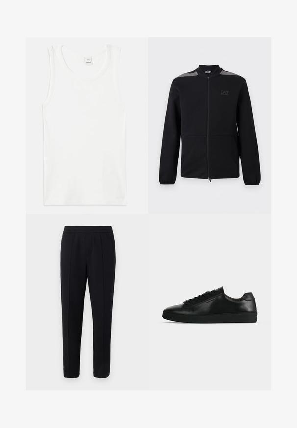 Veste noire zippée avec poignets élastiques, accents gris aux épaules et logo EA7 Emporio Armani sur le côté gauche de la poitrine, présentée sur un fond blanc.; Débardeur en coton blanc avec un col rond et sans manches. Texture lisse et coupe droite, sans motifs ni embellissements.; Pantalon noir sur mesure avec ceinture élastique, plis avant soigneusement repassés, et coupe droite, sur un fond gris clair.; Basket basse en cuir noir avec lacets noirs et semelle épaisse noire, vue de profil sur fond gris clair.