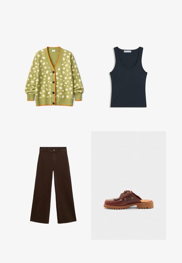 Hellgrüne Strickjacke mit weißer unregelmäßiger Musterung, orangefarbener Einfassung am Ausschnitt, an den Bündchen und am Saum. Gerippte Bündchen und Saum.; Schwarzes geripptes ärmelloses Tanktop mit V-Ausschnitt, mit dem Etikett Bershka, flach auf einem weißen Hintergrund ausgelegt.; Braune, weit geschnittene Hosen aus Baumwollmischung mit fransigem Saum, vorderem Knopfverschluss und klassischem Fünf-Taschen-Design. Minimalistisch und vielseitig.; Braune Leder-Slipper im Mokassin-Stil, mit dekorativen Schnürungen, goldenen Ösen und einer strukturierten Gummisohle.