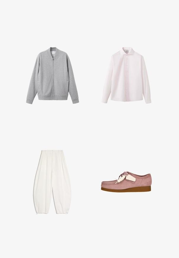 Grijze sweatvest met ritssluiting, een geribbelde kraag, manchetten en zoom. Voorzien van twee zijzakken en een zachte, gestructureerde stof. Simpel, casual ontwerp.; Lichtroze overhemd met lange mouwen, knoopsluiting, puntige kraag en standaard manchetten, weergegeven tegen een effen witte achtergrond.; Witte broek met brede pijpen en plooien in de taille en elastische boorden, ontworpen met riemlussen en een rits aan de voorkant.; Lichtroze suède schoen met een ronde neus, vetersluiting en een crèmekleurig accentlabel. Voorzien van een tan rubberen zool voor extra grip.