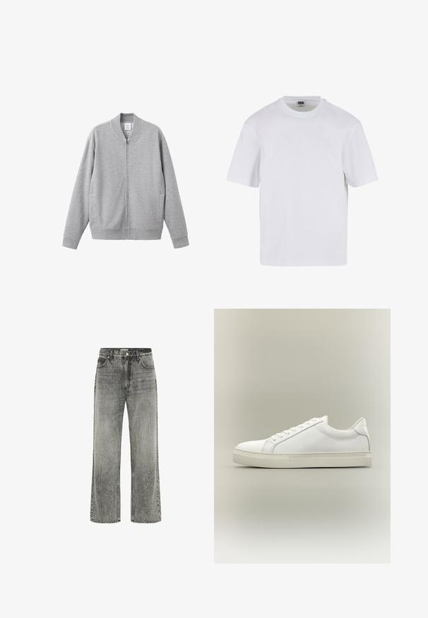 Grijze sweatvest met ritssluiting, een geribbelde kraag, manchetten en zoom. Voorzien van twee zijzakken en een zachte, gestructureerde stof. Simpel, casual ontwerp.; Witte kraagloze t-shirt met korte mouwen, gemaakt van katoen. Heeft een ronde halslijn en een losse pasvorm. Soepele textuur, minimalistisch ontwerp, geen patronen of accenten.; Grijze wijde jeans gemaakt van denim met een vervaagde afwerking. Voorzien van voorzakken, riemlussen en een ritssluiting met knoopsluiting.; Witte lage sneaker met veters aan de voorkant en dikke zool, zijaanzicht tegen een neutrale achtergrond.