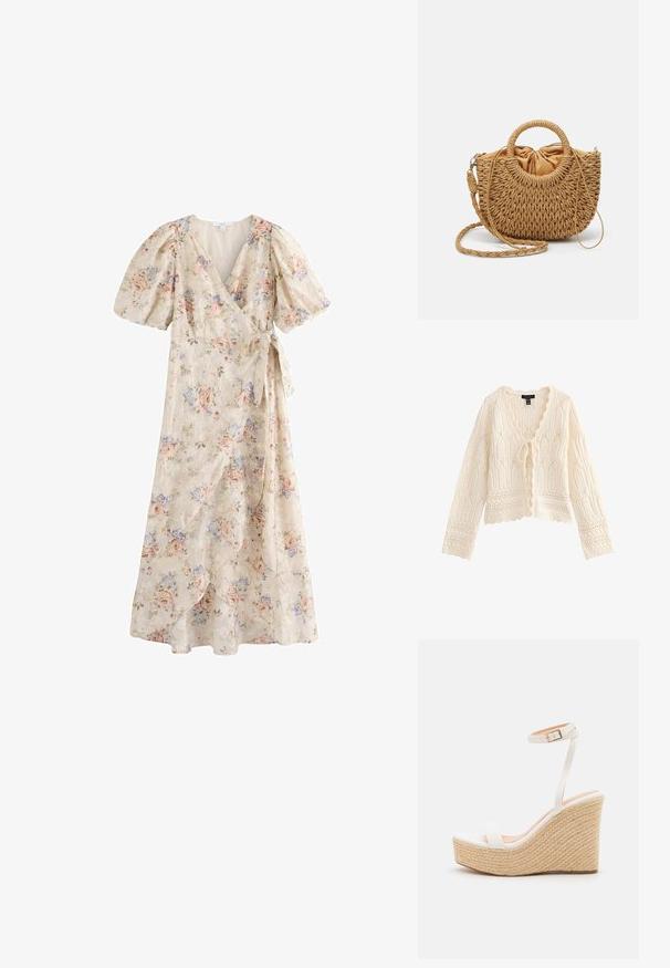 Cardigan de punto color crema con mangas largas, bordes con ondas, patrones intrincados de encaje y cierre frontal con lazo.; Vestido envolvente con mangas abullonadas, estampado floral en tonos pastel sobre fondo crema, escote en V y cintura ajustable con lazada, largo midi con falda en capas.; Sandalia de cuña blanca con plataforma de cuerda texturizada, que presenta una delgada correa en el tobillo y un diseño de punta cerrada suave.; Pieces PCLENA - Bolso de mano - nature