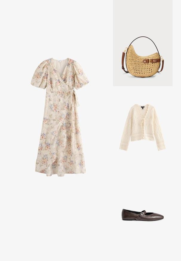 Kremfarvet strikket cardigan med lange ærmer, bølgede kanter, indviklede blondermønstre og en bindelukning foran.; Lyse beige omslagskjole med pufærmer, blomsterprint i pink og blå og bindebælte i taljen, midi længde med overlappende forpaneler.; Brune læder flade sko med rund tå og en justerbar spænde rem over midtfoden. Glat tekstur og minimalistisk design.; Vævet halmmulesæk med en buet form, brunt læderstrop med spænde og en naturlig tan farve. Tekstureret overflade med synlige sting.