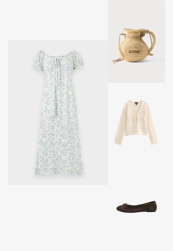 Cardigan de punto color crema con mangas largas, bordes con ondas, patrones intrincados de encaje y cierre frontal con lazo.; Vestido midi blanco con estampado floral en azul claro, mangas cortas abullonadas, escote fruncido y detalle de lazo delantero.; Bailarina de ante marrón con puntera redondeada, detalle de lazo de satén y ribete elástico. Suela de goma delgada con altura mínima. Textura suave.; Bolso redondo de paja tejido con asa de cuerda y "ALEMAIS" bordado en un lateral con hilo marrón.