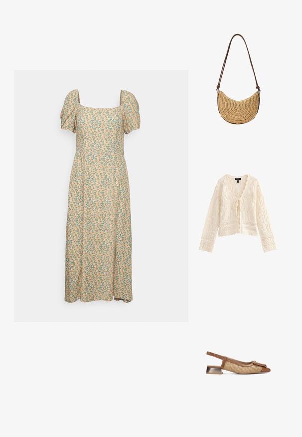 Crèmekleurig gebreid vest met lange mouwen, geschulpte randen, ingewikkelde kanten patronen en een striksluiting aan de voorkant.; Even&Odd Jurk - green/pink; Bruine slingback schoen met geweven textuur en glad leer. Kenmerkt zich door een platte metallic hak en een decoratieve gedraaide details bij de tenen.; Halvemaanvormige geweven strohandtas met een verstelbare bruine schouderriem en metalen accenten in goudtint, op een witte achtergrond.