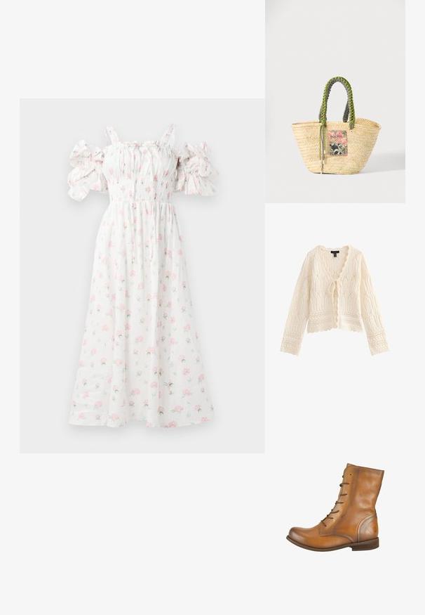 Kremfarvet strikket cardigan med lange ærmer, bølgede kanter, indviklede blondermønstre og en bindelukning foran.; Hvid blomsterkjole med pink rosetter, smocket liv, skulderfri puffærmer og en svævende silhuet.; Brune læder ankelstøvler med en glat overflade, rund tå, seks snørehuller og et subtilt præget logo på hælen.; Vævet beige stråtaske med flettede grønne og sorte håndtag og en farverig rektangulær lap foran.