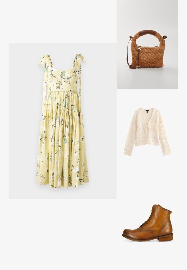 Cardigan de punto color crema con mangas largas, bordes con ondas, patrones intrincados de encaje y cierre frontal con lazo.; Vestido midi amarillo con estampado floral blanco y verde, falda de volantes y tirantes atados sobre un fondo liso.; Botín de cuero marrón hasta el tobillo con puntera redondeada, parte delantera con cordones, cremallera lateral y un tacón de madera bajo. Presenta un sutil logo grabado en el tacón.; Bolso de mano tejido marrón con un asa redondeada. Presenta un cierre con cremallera y una correa ajustable, complementado por un acento de cuero en el asa.
