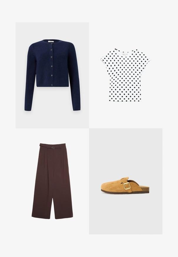 JDY JDYCHLOE LIFE CARDIGAN - Gilet - night sky; Chemise blanche à manches courtes avec des pois noirs uniformément espacés sur le tissu, col rond et coupe ajustée.; Stradivarius SMART WIDE-LEG WITH BUCKLE DETAIL - Pantalon classique - dark brown; Sabot en daim marron avec une sangle latérale et des détails en boucle dorée. Semelle plate avec une finition texturée, dos ouvert et design à bout arrondi.