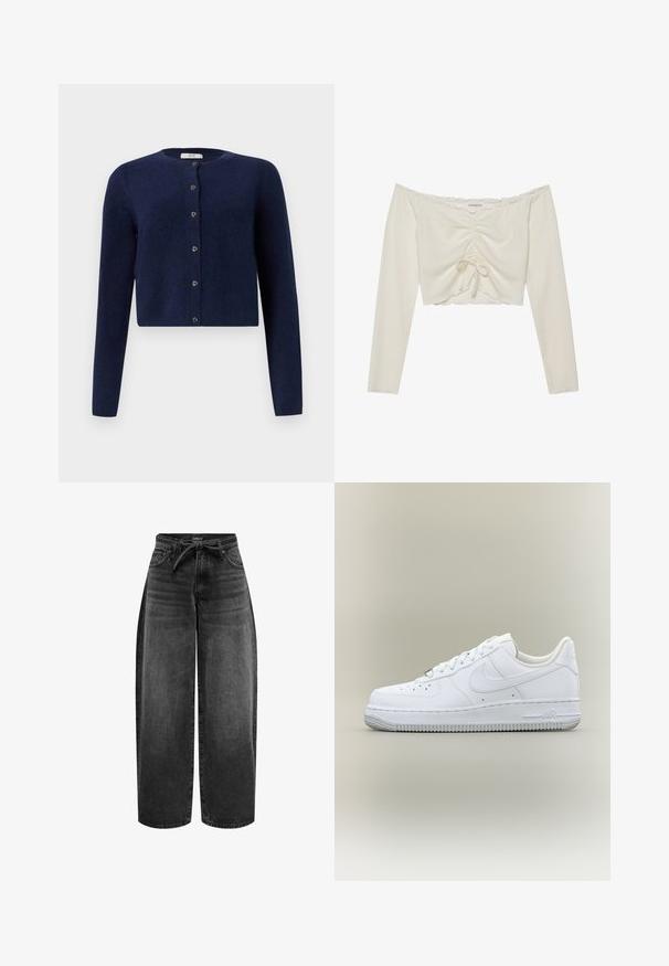 JDY JDYCHLOE LIFE CARDIGAN - Cardigan - night sky; Crop top med off-the-shoulder design i ribbet cremefarvet stof, med snøre-detalje foran og lange ærmer med bølgede kanter.; ONLY Straight fit ONLGIANNA Mid waist Balloon - Jeans Straight Leg - washed black; Hvid Nike Air Force 1 sneaker med lavt skaft, snørebånd, perforeret tå og tekstureret gummisål på neutral baggrund.