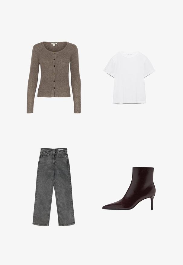 Brun strikket cardigan med en rund halsudskæring, lange ærmer og seks mørke knapper ned langs fronten. Blød tekstur og tætsiddende design.; Hvid, kortærmet T-shirt med rund hals og lige kant, vist på en hvid baggrund.; Højtaljede sorte vasket lige ben jeans med forlommer, bæltestropper, knaplukning og et mærkets indre taljeband.; Bordeaux læder ankelstøvle med spids tå, slankt design og høj stilettohæl. Glat tekstur med subtile korndetaljer.