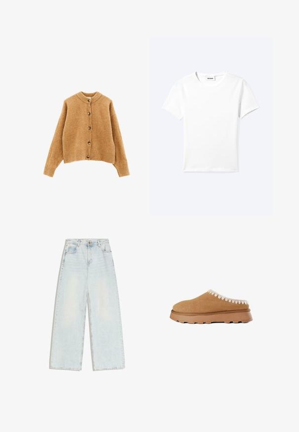 Cardigan de couleur bronze en tissu doux et texturé ; présente une encolure ronde et six boutons à l'avant pour la fermeture.; T-shirt blanc uni à manches courtes et col rond avec une petite étiquette "WEEKDAY" à l'intérieur de l'encolure, présenté à plat sur un fond clair.; Jean large bleu clair avec cinq poches, passants pour ceinture et fermeture à bouton sur la ceinture avant.; Chaussure marron en daim à enfiler avec une tige texturée, ornée de coutures décoratives beige le long du bord et d'une semelle en caoutchouc épaisse.