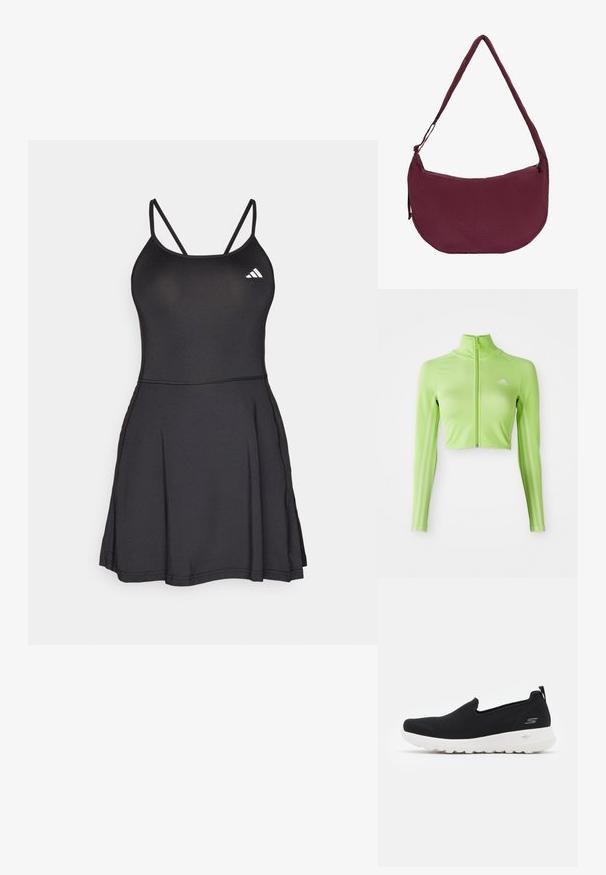 Neon groene langslavage crop athletisch top met rits aan de voorkant, hoge kraag, Adidas-logo op de linkerborst en drie strepen langs de mouwen.; Zwarte sportieve jurk met een aansluitend lijfje, dunne bandjes en een uitlopende rok. Bevat het Adidas-logo in het wit aan de bovenlinkerkant. Gladde textuur.; Zwarte instapsneakers met een geavanceerde mesh bovenkant, witte zool en een subtiele logo aan de zijkant. Rondere neus en een laag profiel ontwerp.; Bordeauxrode halve-maan schoudertas met verstelbare band en subtiel geperst logo aan de voorkant, ritssluiting aan de bovenkant.