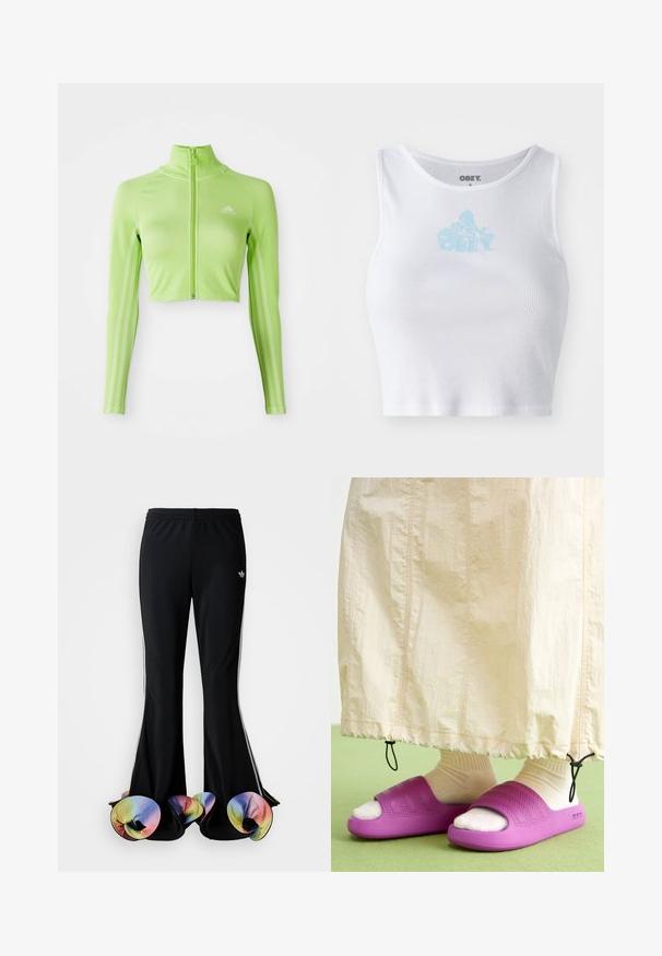 Neon-grünes, langärmeliges, tailliertes Sportoberteil mit Reißverschluss vorne, hohem Kragen, Adidas-Logo auf der linken Brust und drei Streifen entlang der Ärmel.; Weißes, geripptes Crop-Top mit Rundhalsausschnitt und einem hellblauen "OBEY"-Logo, das zentral auf der Brust platziert ist. Glatte Textur und taillierte Passform.; Schwarze Sporthosen mit weit ausgestelltem Design. Sie haben farbenfrohe, gerüschte untere Säume und weiße Seitenstreifen. Hergestellt aus dehnbarem Stoff.; Lila Gummischlappen mit einem strukturierten Bandsdesign, getragen über cremefarbigen Socken, kombiniert mit einem hellbeigen Rock. Grüner Boden.