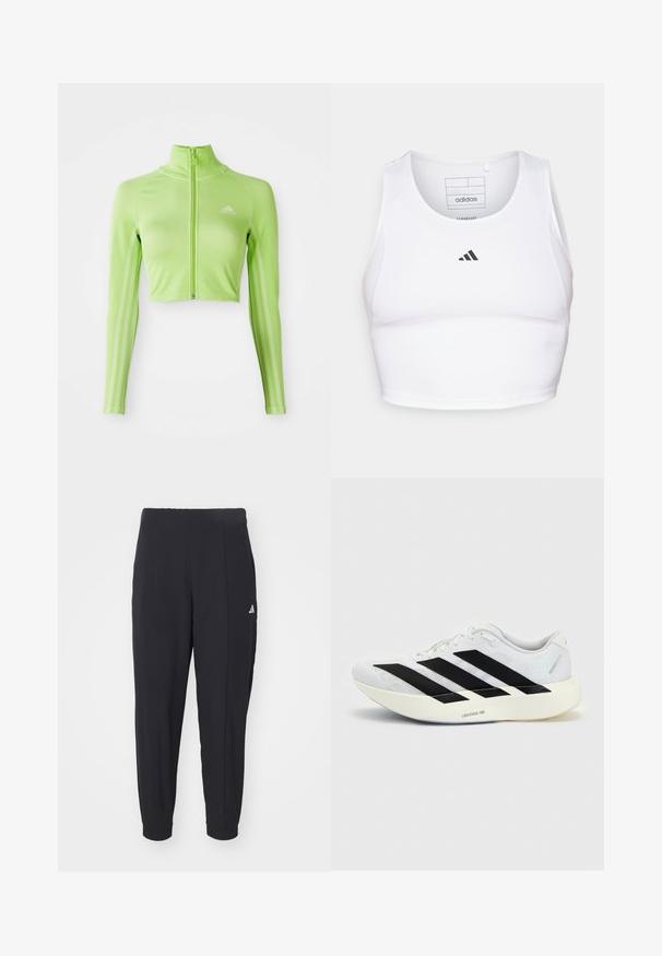 Neoonroheline pika varrukaga lühendatud sporditop, millel on esineed, kõrge kaelus, Adidas logo vasakul rinnal ja kolm triipu varrukatel.; Valge sportlik lühike top, mis on valmistatud kergest ja hingavast kangast. Omab võrkkangast külgpaneele ja musta tikandiga logo rinnal.; Mustad mustreeritud sportpüksid, mis on valmistatud siledast kangast. Kitsenev disain elastsete mansettidega. Vasakul puusal on väike valge logo.; Valge jooksujalanõu musta kolme triibu disainiga küljel ja paksu valge tallaga, millel on silt "Lightstrike Pro" ühtlasel taustal.