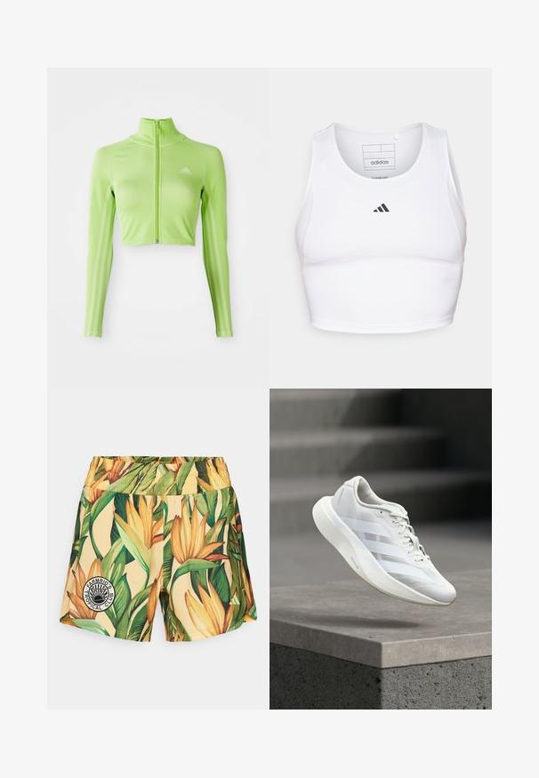 Neon grøn langærmet cropped sports top med frontlynlås, høj krave, Adidas-logo på venstre bryst og tre striber langs ærmerne.; Hvid atletisk crop top lavet af letvægts, åndbart stof. Har mesh-sider og sort broderet logo på brystet.; Shorts med en gul bund, prydet med et levende tropisk blomsterprint i grønne og orange farver. Elastisk talje med en cirkulær logointensiv.; Hvid atletiksko med en struktureret overlæder, tre laterale striber, polstret sål og rundet tå, placeret over en betongulv.