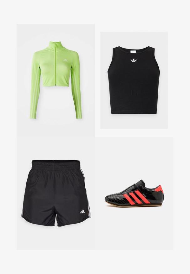 Neon grøn langærmet cropped sports top med frontlynlås, høj krave, Adidas-logo på venstre bryst og tre striber langs ærmerne.; Sort ribbet ærmeløs crop top med rund halsudskæring og lille hvid Adidas trefoil-logo centreret nær kraven.; Sort atletiske shorts med elastisk talje, sideslids og hvide tre-stribes detaljer. Har et lille hvidt logo nederst til højre.; Sorte atletiske sko med tre horisontale pink striber, slank design, glat patentlæderoverdel, gummisål, teksturerede syninger.