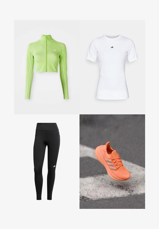 Haut de sport cropped à manches longues vert fluo avec fermeture éclair à l'avant, col montant, logo Adidas sur la poitrine gauche et trois bandes le long des manches.; T-shirt de sport blanc à manches courtes, fabriqué en tissu lisse et extensible. Doté d'un petit logo noir Adidas sur la poitrine.; Leggings de sport noirs avec une taille haute, fabriqués en tissu extensible ; dotés d'une poche latérale et d'un petit logo blanc près de l'ourlet.; Chaussure de sport orange vif avec une tige texturée, des bandes argentées réfléchissantes et une semelle rembourrée, suspendue au-dessus d'une surface grise.