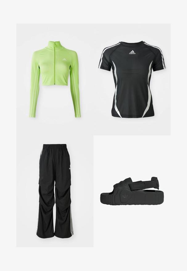 Top deportivo corto de manga larga en verde neón con cremallera en la parte delantera, alto cuello, logo de Adidas en el lado izquierdo del pecho y tres rayas a lo largo de las mangas.; Camiseta atlética negra de Adidas de manga corta con rayas blancas en los hombros y acentos curvados plateados a los lados.; Pantalones negros holgados con cintura elástica, cordón y rayas laterales blancas; fabricados en un tejido ligero con una textura suave.; Sandalias negras hechas de goma texturizada con una tira ancha y cierre de velcro ajustable. Presenta una suela con patrón y un detalle de logo de la marca.