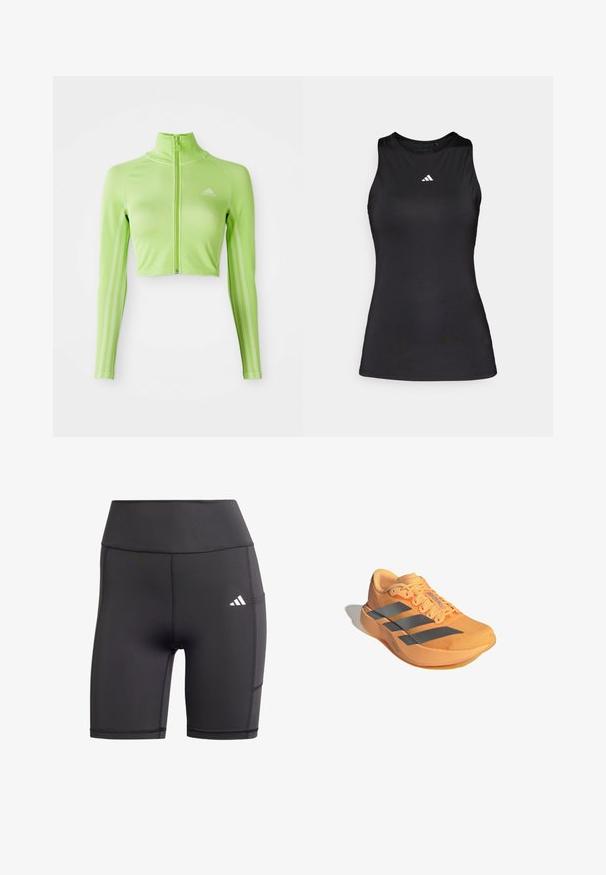Neon grøn langærmet cropped sports top med frontlynlås, høj krave, Adidas-logo på venstre bryst og tre striber langs ærmerne.; Sort ærmeløs atletisk top lavet af glat stof. Har en rund halsudskæring og et lille hvidt Adidas-logo på brystet.; Sorte atletiske shorts lavet af strækbart materiale, med høj talje, flade sømme og et hvidt logo på venstre hofte.; Adizero løbesko i lys orange med et struktureret overdel, tre grå striber og en let sål for forbedret ydeevne.