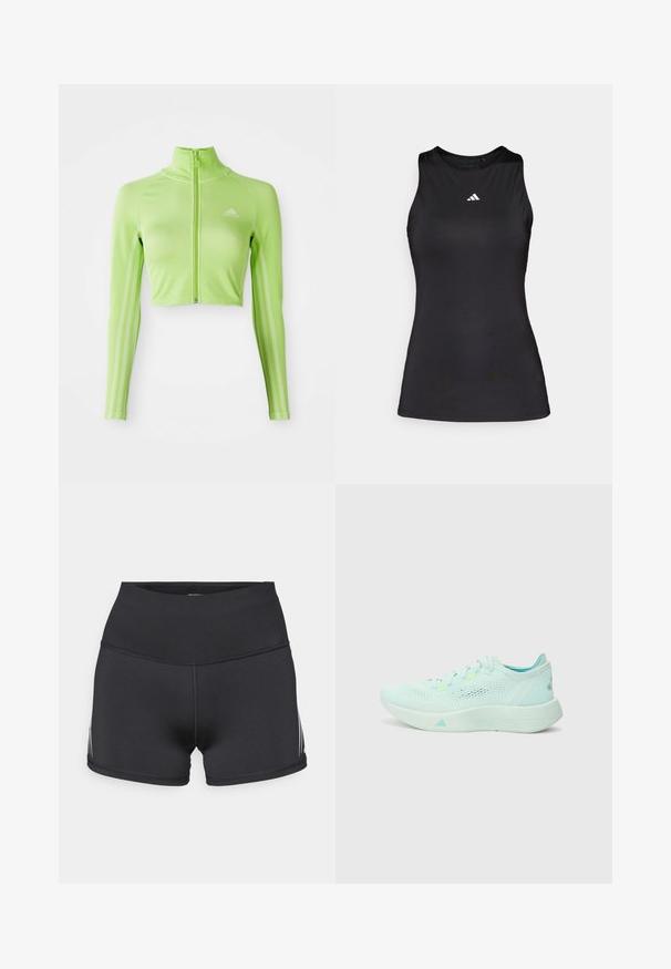 Neon grøn langærmet cropped sports top med frontlynlås, høj krave, Adidas-logo på venstre bryst og tre striber langs ærmerne.; Sort ærmeløs atletisk top lavet af glat stof. Har en rund halsudskæring og et lille hvidt Adidas-logo på brystet.; Sorte atletikshorts med højt taljebånd, lavet af strækstof. Har hvide sidelommer og flatlock-sømme for komfort.; Lyseblå løbesko med en mesh-overdel, struktureret sål og polstret krave. Har neonlysende detaljer og et strømlinet design.