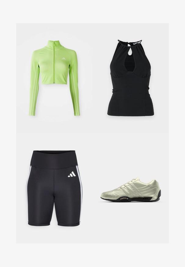 Neón zelený dlhý rukávový skrátený športový top s predným zipsom, vysokým golierom, logom Adidas na ľavej hrudi a tromi pruhmi pozdĺž rukávov.; Čierny top s halter výstrihom a kľúčovou dierou na krku, s nazhŕňaným materiálom na chrbte a priliehavým strihom. Vyrobený z hladkého materiálu.; Čierne športové šortky s vysokým pásom, bielymi bočnými pruhmi a malým bielym logom. Hladká tkanina s priliehavým strihom.; adidas Originals ADIRACER - Tenisky - alumina