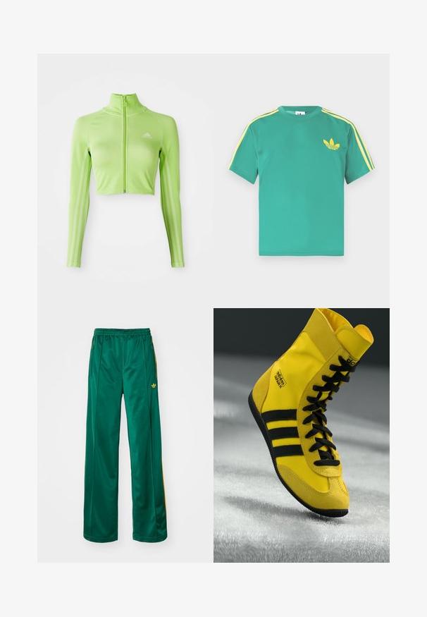 Neón zelený dlhý rukávový skrátený športový top s predným zipsom, vysokým golierom, logom Adidas na ľavej hrudi a tromi pruhmi pozdĺž rukávov.; Zelené bavlnené tričko s krátkymi rukávmi, s žltými pruhmi pozdĺž ramien a vyšívaným trojlístkovým logom na hrudi.; Zelené saténové športové nohavice s voľným strihom, s žltými pruhmi a vyšitým logom na ľavej strane. Elastický pás.; Vysoké tenisky vyrobené zo žltého syntetického materiálu, so zosilnenými čiernymi šnúrkami, tromi čiernymi pruhmi a logom na boku. Kvalitná gumová podrážka.