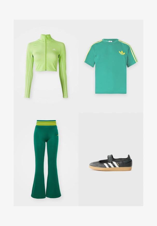 Neón zelený dlhý rukávový skrátený športový top s predným zipsom, vysokým golierom, logom Adidas na ľavej hrudi a tromi pruhmi pozdĺž rukávov.; Zelené bavlnené tričko s krátkymi rukávmi, s žltými pruhmi pozdĺž ramien a vyšívaným trojlístkovým logom na hrudi.; Zelené rozšírené legíny z pružného materiálu s pásom v žlto-bielych pruhoch. Hladká textúra, priliehajúce okolo bokov, široké na leme.; Čierne kožené a zamšové tenisky s Velcro pásikom, s tromi bielymi pruhmi a gumenou podrážkou, označené nápisom "SAMBA" na boku.
