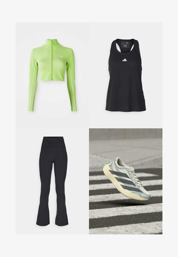 Haut de sport cropped à manches longues vert fluo avec fermeture éclair à l'avant, col montant, logo Adidas sur la poitrine gauche et trois bandes le long des manches.; Débardeur de sport noir sans manches avec un col rond et un logo blanc sur la poitrine. Fabriqué en tissu lisse et léger.; Leggings évasés noirs en tissu extensible, avec une taille haute, une texture lisse et des détails de couture subtils.; Baskets gris clair et blanches avec des rayures gris foncé, lacets noués, flottant au-dessus d'un passage piéton à rayures noires et blanches.