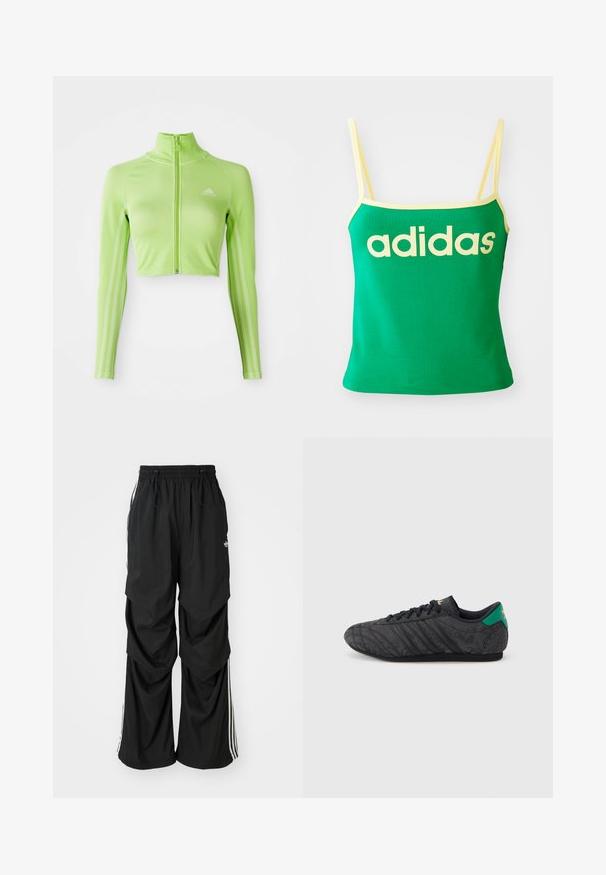 Haut de sport cropped à manches longues vert fluo avec fermeture éclair à l'avant, col montant, logo Adidas sur la poitrine gauche et trois bandes le long des manches.; Débardeur vert avec des accents jaunes, fabriqué dans un matériau extensible. Présente un grand logo "adidas" jaune sur le devant et des bretelles fines.; Pantalons noirs amples avec une taille élastique, cordon de serrage et rayures blanches sur les côtés ; fabriqués en tissu léger avec une texture lisse.; Baskets noires à profil bas avec un motif floral subtil, lacets noirs, languette de talon verte et logo doré sur la languette et le talon.