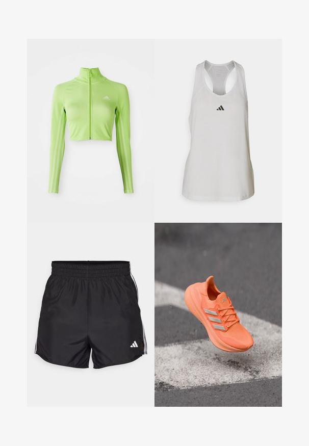 Neón zelený dlhý rukávový skrátený športový top s predným zipsom, vysokým golierom, logom Adidas na ľavej hrudi a tromi pruhmi pozdĺž rukávov.; Biely športový tielko vyrobené z ľahkej tkaniny, so športovým strihom a malým čiernym logom na hrudi.; Čierne športové šortky s elastickým pásom, bočnými rozparkami a bielymi trojpruhmi. Obsahujú malé biele logo v dolnom pravom rohu.; Jasno oranžová športová obuv s textúrovaným zvrškom, reflexnými striebornými pruhmi a odpruženou podrážkou, zavesená nad sivým povrchom.