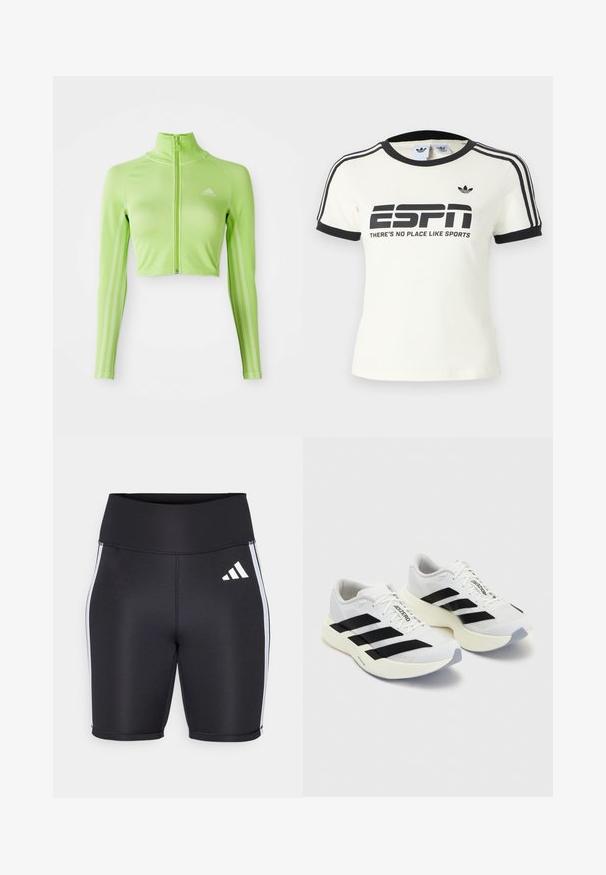 Neón zelený dlhý rukávový skrátený športový top s predným zipsom, vysokým golierom, logom Adidas na ľavej hrudi a tromi pruhmi pozdĺž rukávov.; Biele tričko s krátkym rukávom s čiernymi prvkami, s nápisom "ESPN" a sloganom "THERE'S NO PLACE LIKE SPORTS", a tromi čiernymi pruhmi na ramenách.; Čierne športové šortky s vysokým pásom, bielymi bočnými pruhmi a malým bielym logom. Hladká tkanina s priliehavým strihom.; Pár bielych bežeckých topánok s čiernymi pruhmi a hrubými béžovými podrážkami položených na svetlosivom pozadí.