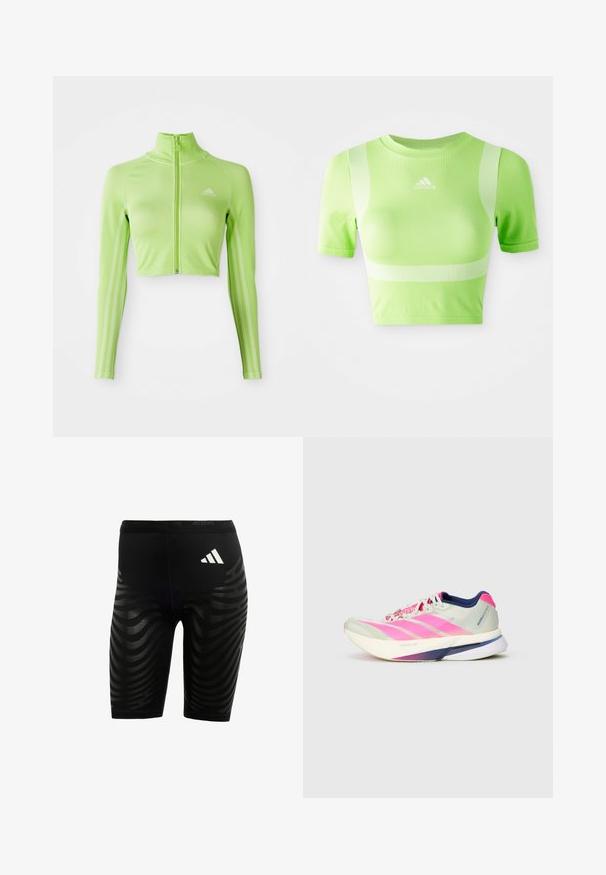 Neón zelený dlhý rukávový skrátený športový top s predným zipsom, vysokým golierom, logom Adidas na ľavej hrudi a tromi pruhmi pozdĺž rukávov.; Zkrátené atletické tričko v jasne zelenej farbe. Má krátke rukávy, okrúhly výstrih a biely diagonálny pruhový vzor na pleciach. Logo adidas na prednej strane.; Čierne športové šortky s textúrovaným dizajnom a vlnitými pruhmi. Biele logo na páse, vyrobené z materiálu, ktorý odvádza vlhkosť.; Bežecká obuv s ľahkým sieťovým zvrškom v svetlo zelenej farbe a ružovými pruhmi, fialovými akcentmi a hrubou bielou podrážkou označenou "LIGHTSTRIKE PRO."