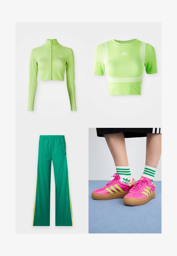 Neón zelený dlhý rukávový skrátený športový top s predným zipsom, vysokým golierom, logom Adidas na ľavej hrudi a tromi pruhmi pozdĺž rukávov.; Zkrátené atletické tričko v jasne zelenej farbe. Má krátke rukávy, okrúhly výstrih a biely diagonálny pruhový vzor na pleciach. Logo adidas na prednej strane.; Zelené tepláky s žltými bočnými pruhmi, elastickým pásom a vreckami so zipsom, zobrazené na bielom pozadí.; Jasne ružové tenisky so zelenými pruhmi, gumovou podrážkou a štruktúrovaným zvrškom. Nosené s bielymi ponožkami so zelenými pruhmi a logom.