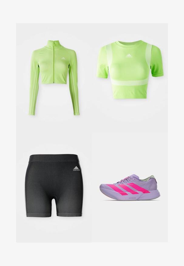 Neon grøn langærmet cropped sports top med frontlynlås, høj krave, Adidas-logo på venstre bryst og tre striber langs ærmerne.; Kappet atletisk skjorte i lys grøn stof. Har korte ærmer, rund hals og hvidt diagonalt stribemønster på skuldrene. adidas-logo på fronten.; Sorte atletiske shorts i et struktureret stof, med en elastisk talje og et lille hvidt Adidas-logo på øverste venstre side.; Lavendelfarvet løbesko med lav profil og tre markante lyserøde striber og "Lightstrike Pro" sål, sideudsigt på en ensartet hvid baggrund.