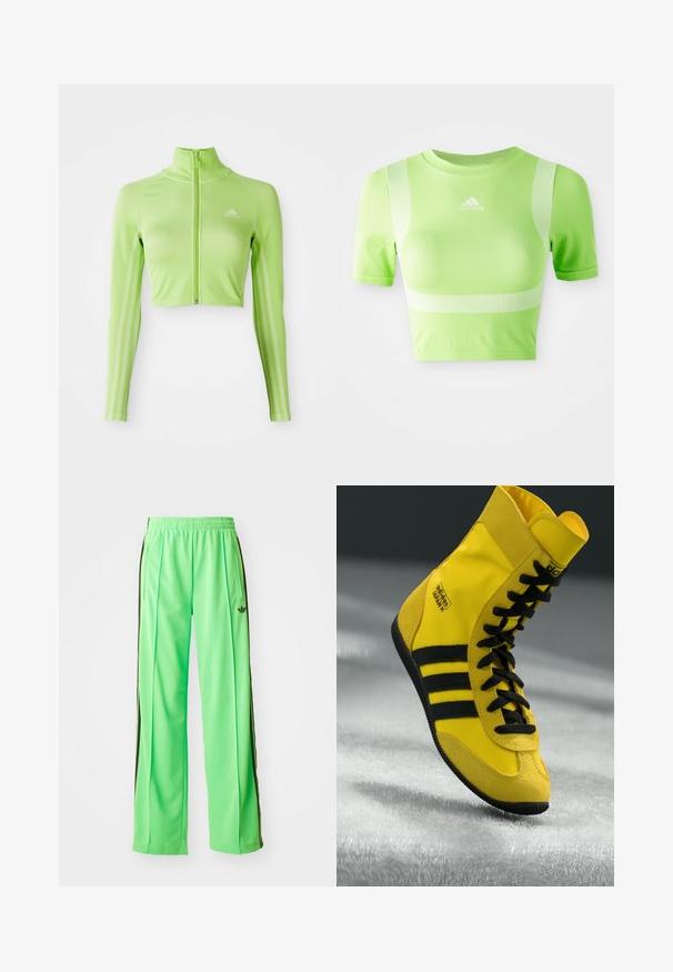 Neon grøn langærmet cropped sports top med frontlynlås, høj krave, Adidas-logo på venstre bryst og tre striber langs ærmerne.; Kappet atletisk skjorte i lys grøn stof. Har korte ærmer, rund hals og hvidt diagonalt stribemønster på skuldrene. adidas-logo på fronten.; Grønne atletiske bukser lavet af glat, let materiale, med sorte sidestriber og et broderet logo på fronten.; Høje sneakers lavet af gult syntetisk materiale, der har sorte snørebånd, tre sorte striber og branding på siden. Struktureret gummisål.